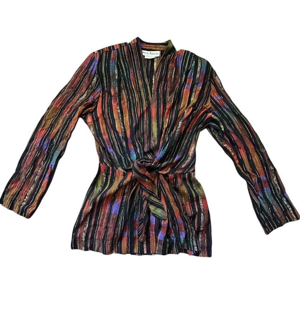 Sharon Anthony Vintage Metallic Striped Tie Front Blouse Size 4P